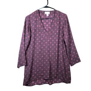 LOFT Womens Blouse Maroon V Neck High Low Long Sleeve Sheer Tunic XS